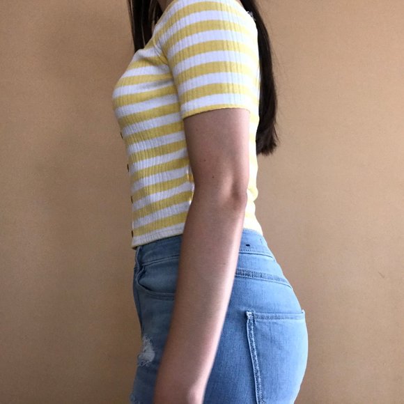 Yellow and White Striped Off-The-Shoulder Crop Top - Picture 4 of 4